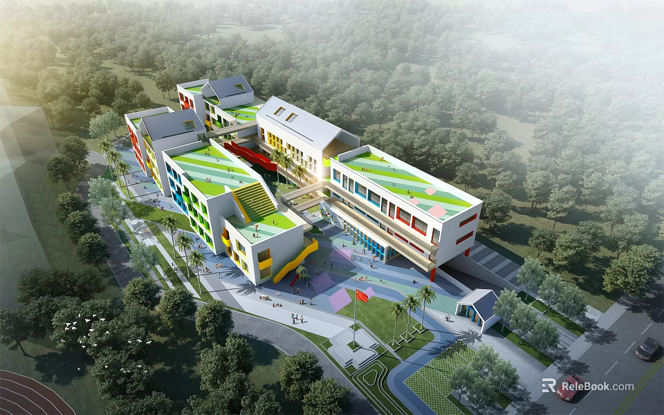 Modern School Building With Colorful Exterior Green Roof Design Surrounded By Trees And Playground Area 3d model 