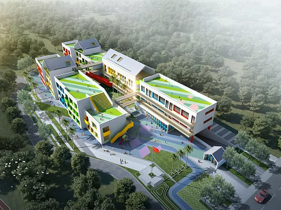 Modern School Building With Colorful Exterior Green Roof Design Surrounded By Trees And Playground Area 3d model