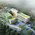 Modern School Building With Colorful Exterior Green Roof Design Surrounded By Trees And Playground Area