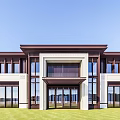 Modern Brown And White Sales Office Building With Large Windows And Green Lawn 3d model