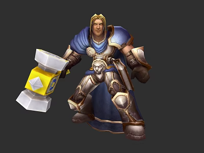 Fantasy Game Warrior Character In Blue Cape With Golden Hair And Large Hammer 3d model