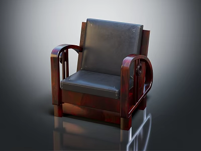 Single Sofa with Black Leather Upholstery and Wooden Armrest Frame Design 3d model
