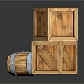 Natural Wood Boxes Stacked with Blue Hoop Barrels and Wooden Storage Containers