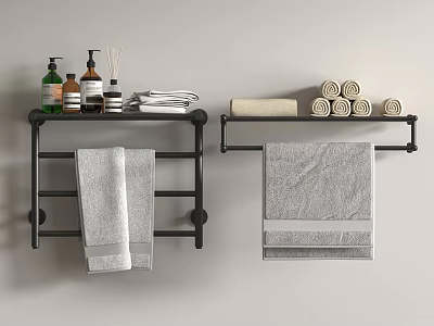 Gray Bath Towels Hanging On Black Racks With Rolled Towels And Toiletries 3d model