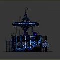 Ornate Circular Carousel Building With Blue Illuminated Lights Staircases And Decorative Top