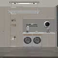 Modern Home Balcony Laundry Space With Double Washing Machines Cabinets Open Shelves And Wooden Floor