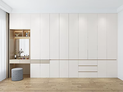 Modern White Integrated Wardrobe with Dressing Table and Mirror in Minimalist Room with Wooden Floor 3d model