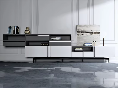 Modern TV Stand In Living Room With Storage Drawers Shelves And Decorative Items 3d model