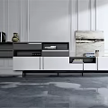 Modern TV Stand In Living Room With Storage Drawers Shelves And Decorative Items