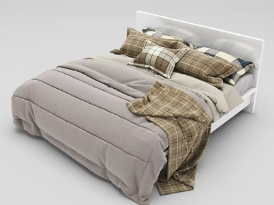 Modern Double Bed With White Headboard Gray Soft Quilt And Plaid Pillows 3d model