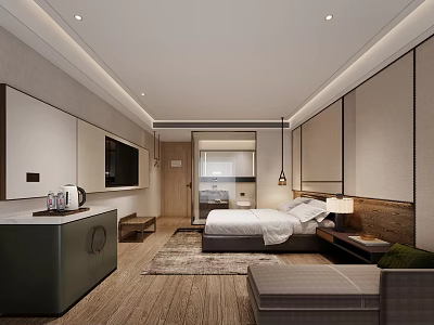 Modern Hotel Room Interior Design With Comfortable Bed TV And Seating Area On Wooden Flooring 3d model
