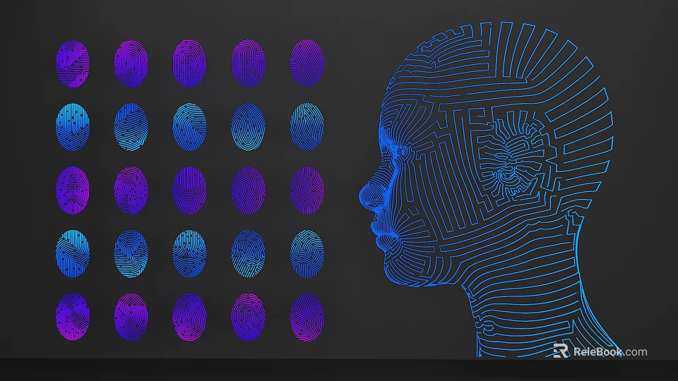 Lines Forming Human Face Silhouette With Blue And Purple Fingerprint Patterns On Dark Background 3d model 