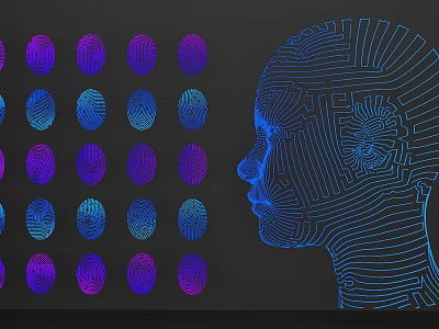Lines Forming Human Face Silhouette With Blue And Purple Fingerprint Patterns On Dark Background 3d model