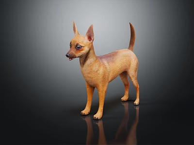Light Brown Chihuahua Dog Standing On Dark Reflective Surface With Ears Perked And Alert Expression 3d model