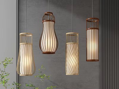 Modern Natural Four Pendant Lights with Wooden Frames and Woven Shades Gray Wall and Green Plants 3d model