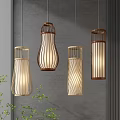 Modern Natural Four Pendant Lights with Wooden Frames and Woven Shades Gray Wall and Green Plants
