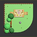 Modern Garden Outdoor Scene With Wooden Fence Green Tree Table Chairs Soccer Ball On Grass