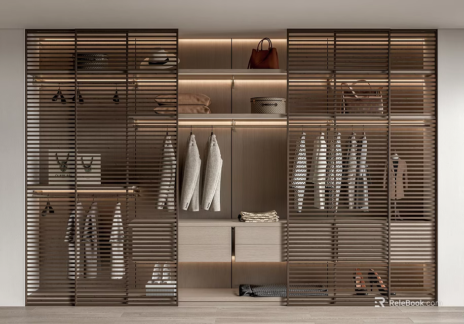 Modern Wardrobe with Metal Grid Doors Hanging Clothes Bags Shoes Shelves and Drawers 3d model 