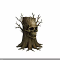 Sci-Fi Scene Featuring Tree Stump Skull And Twisted Branches On Dark Background