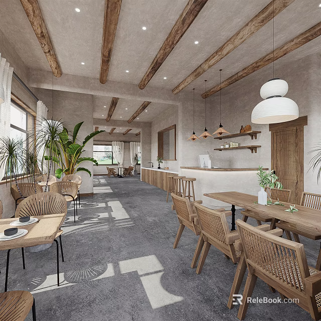 Cozy Restaurant Interior with Wooden Beams Hanging Pendant Lights Plants Tables Chairs and Gray Carpet 3d model 