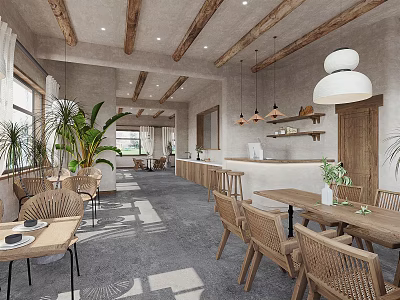 Cozy Restaurant Interior with Wooden Beams Hanging Pendant Lights Plants Tables Chairs and Gray Carpet 3d model