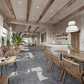 Cozy Restaurant Interior with Wooden Beams Hanging Pendant Lights Plants Tables Chairs and Gray Carpet