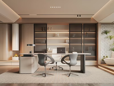 Modern Study Room Interior With Built In Shelves Desk And Chairs 3d model