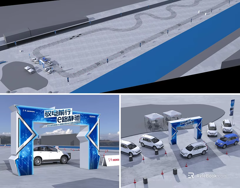 Smart Driving Experience Event With Blue Archway And Multiple Vehicles 3d model