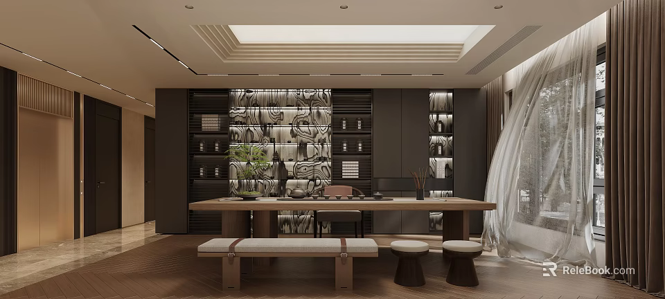 Traditional Tea Room Interior With Wooden Long Table Tea Sets Green Plants And Display Shelves 3d model 