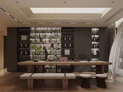 Traditional Tea Room Interior With Wooden Long Table Tea Sets Green Plants And Display Shelves 3d model