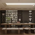 Traditional Tea Room Interior With Wooden Long Table Tea Sets Green Plants And Display Shelves