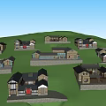 Traditional Village Architectural Design With Stone Houses Greenery And People Walking