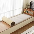 Window Area With Wooden Bench Rolled Woven Straw Rug Cabinet Mirror Vase And White Curtains