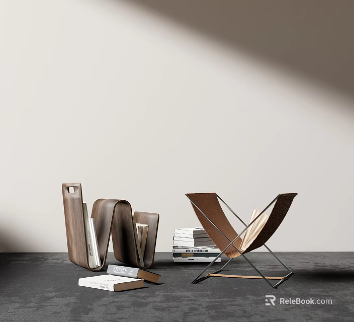 Modern Side Table With Wooden Top Metal Frame And Stacked Books Near Accent Chair 3d model 