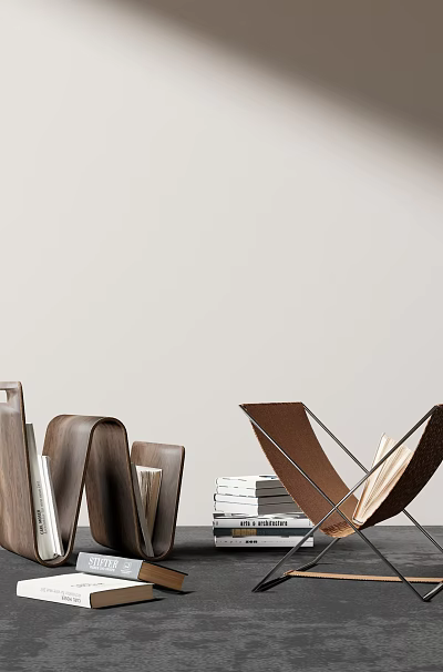 Modern Side Table With Wooden Top Metal Frame And Stacked Books Near Accent Chair 3d model