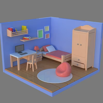 Modern Cartoon Scene Cartoon Room Furniture Wardrobe Table Lazy Sofa Floor 3d model