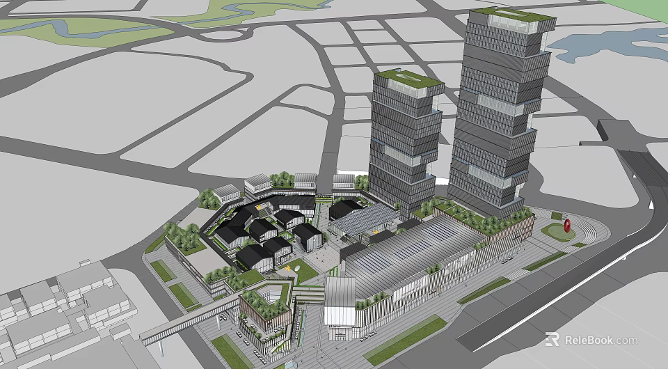 Modern High Rise Office Buildings With Green Roofs And Surrounding Plaza Area 3d model 