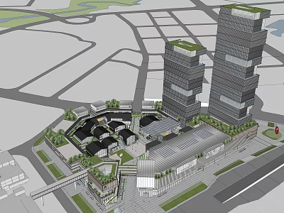 Modern High Rise Office Buildings With Green Roofs And Surrounding Plaza Area 3d model