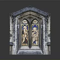 Gothic Architectural Stained Glass Window With Intricate Stone Frame And Vibrant Color Design