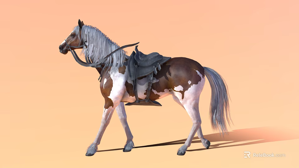 Standing Brown And White Horse With Gray Mane Tail Saddle Bridle On Orange Background 3d model 
