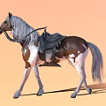 Standing Brown And White Horse With Gray Mane Tail Saddle Bridle On Orange Background