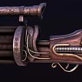 Vintage Firearm With Ornate Copper Finish Decorative Barrel And Revolver Cylinder