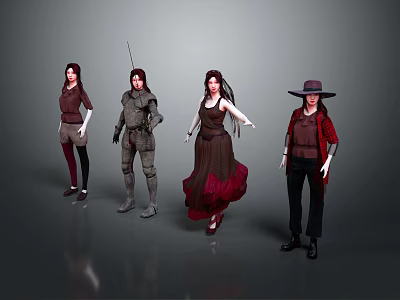 Four Varied Characters With Distinctive Costumes And Diverse Outfit Designs In Character Art 3d model
