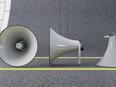 Three Commercial Megaphones Placed on Gray Ground With Yellow Line 3d model