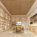 Modern School Interior With Wooden Ceiling Bookshelves And Tables Chairs