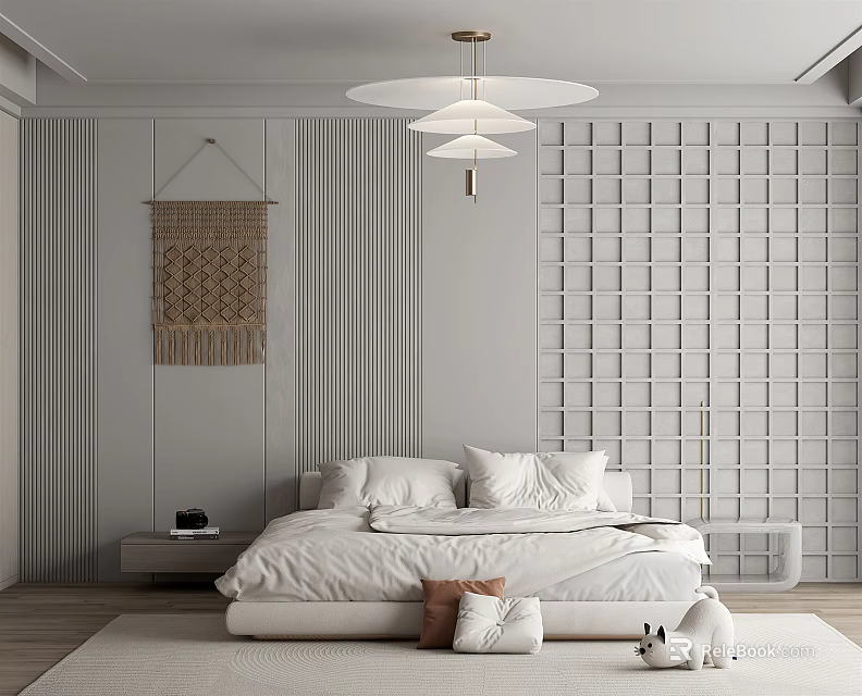 Minimalist Bedroom Interior With White Bed Grid Wall Panel Macrame Hanging And Ceiling Light 3d model 