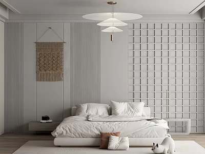 Minimalist Bedroom Interior With White Bed Grid Wall Panel Macrame Hanging And Ceiling Light 3d model