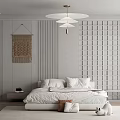 Minimalist Bedroom Interior With White Bed Grid Wall Panel Macrame Hanging And Ceiling Light 3d model