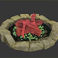 Circular Stone Fire Pit With Burning Logs Flames And Embers