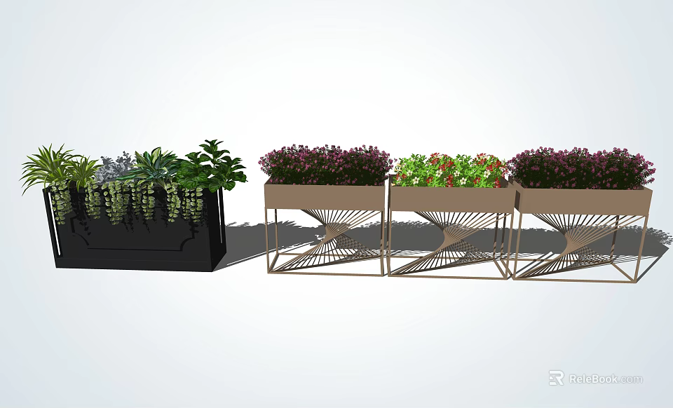 Decorative Flower Planters With Metal Frame And Vibrant Green Purple Plants 3d model 